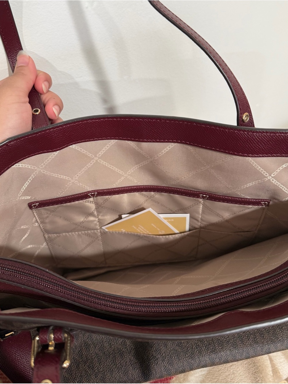 Michael Kors Burgundy Tote with Beige Quilted Interior